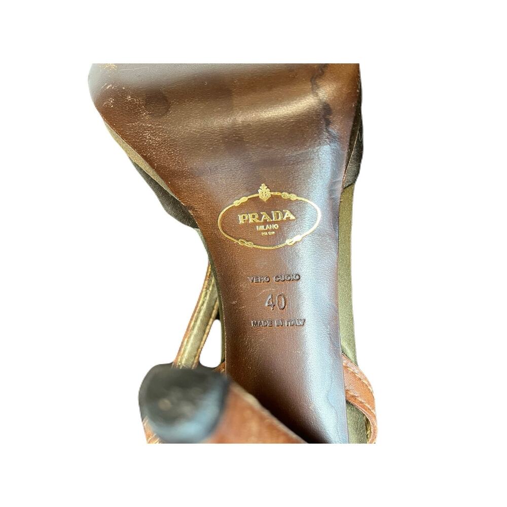 Prada Olive Green Satin And Brown Leather Slingback 4” Heel Size 10 - Picture 5 of 6